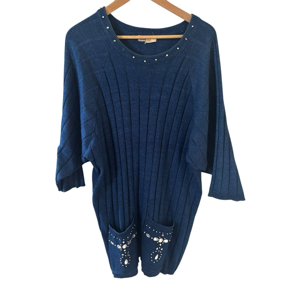 Vintage Womens Sweater Dress Bling Size Large Blue Boho Glam Retro Fairy 90s‎
